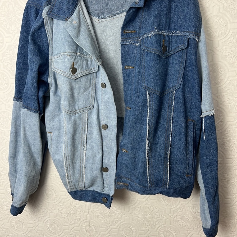 Princess Polly Rylee Denim Jean Jacket Oversized Patchwork‎ Shacket Blue 8 - Picture 4 of 9